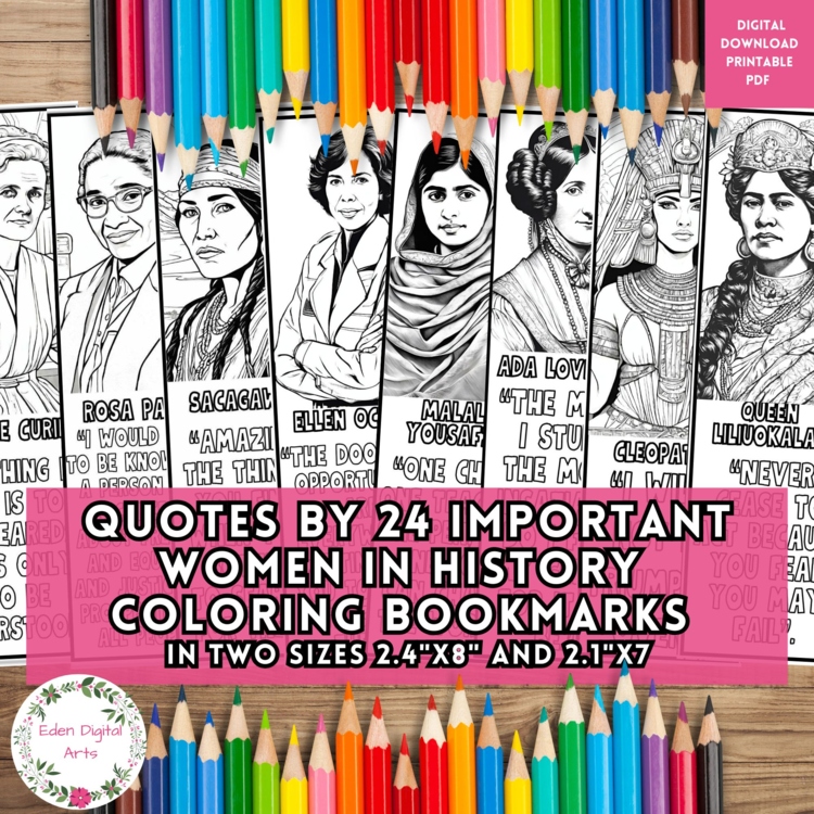 24 Famous Women In History Bookmarks to Color Inspirational Quotes Activity Gift