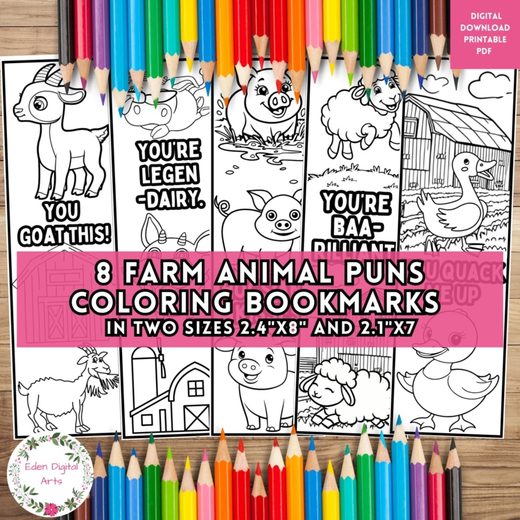 Cute Farm Animals Pun Bookmarks to Color Funny Kindness Cards Calm Kind Craft