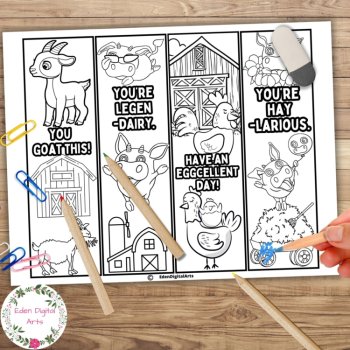 Cute Farm Animals Pun Bookmarks to Color Funny Kindness Cards Calm Kind Craft, image 2