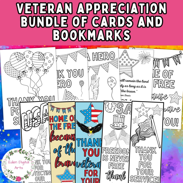 Veterans Appreciation Bundle Thank You Cards and Bookmarks to Color Low Prep