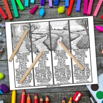 Road Not Taken Robert Frost Quote Bookmarks to Color Coloring Activity DIY Gift, image 2