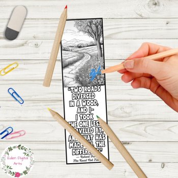 Road Not Taken Robert Frost Quote Bookmarks to Color Coloring Activity DIY Gift, image 4