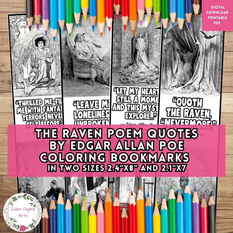 The Raven Quotes by Edgar Allan Poe Bookmarks to Color Book Marker Activity Gift