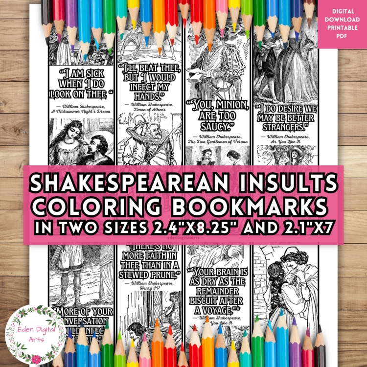 Funny Shakespearean Insults Shakespeare Play Quotes Coloring Bookmarks Fun Gifts