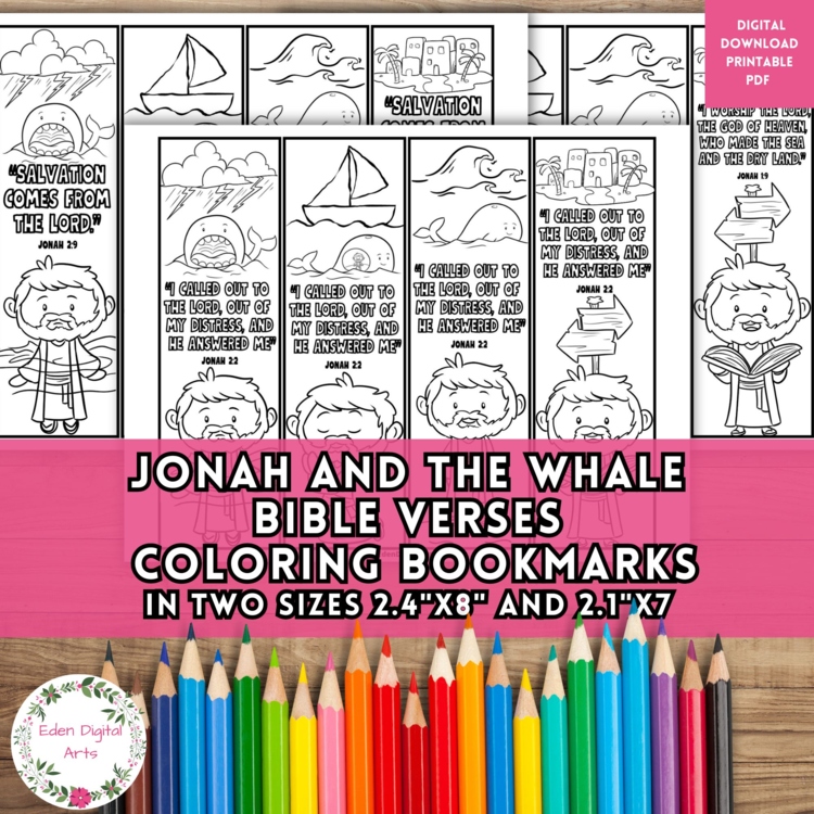 Jonah and the Whale Bible Story Scripture Coloring Bookmarks Keepsake Craft Gift