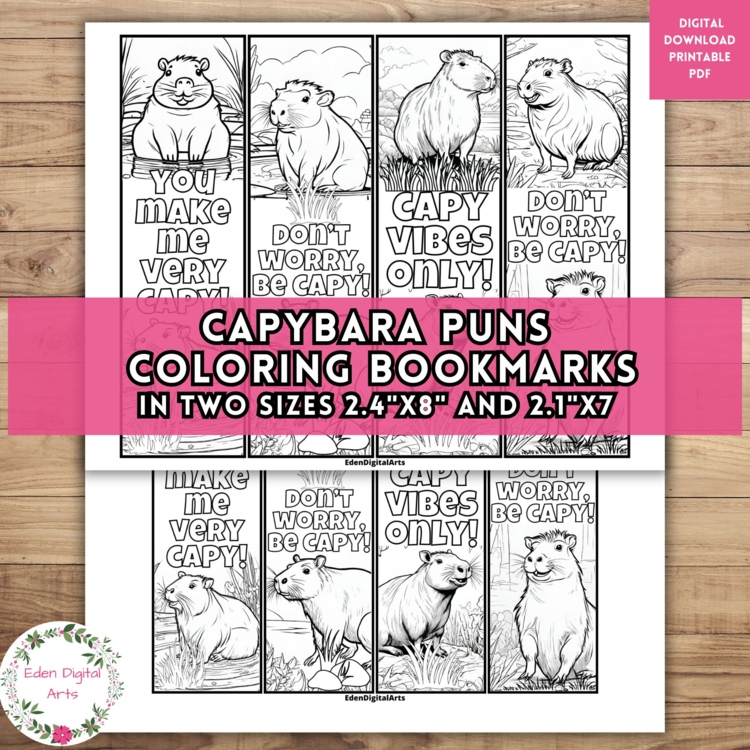 Cute Capybara Pun Bookmarks to Color Kindness Fun Party DIY Coloring Gift Craft