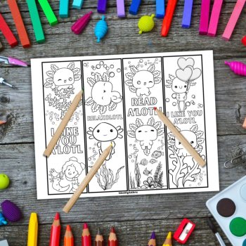 Cute Axolotl Pun Bookmarks to Color Kindness Fun Party DIY Coloring Gift Craft, image 2