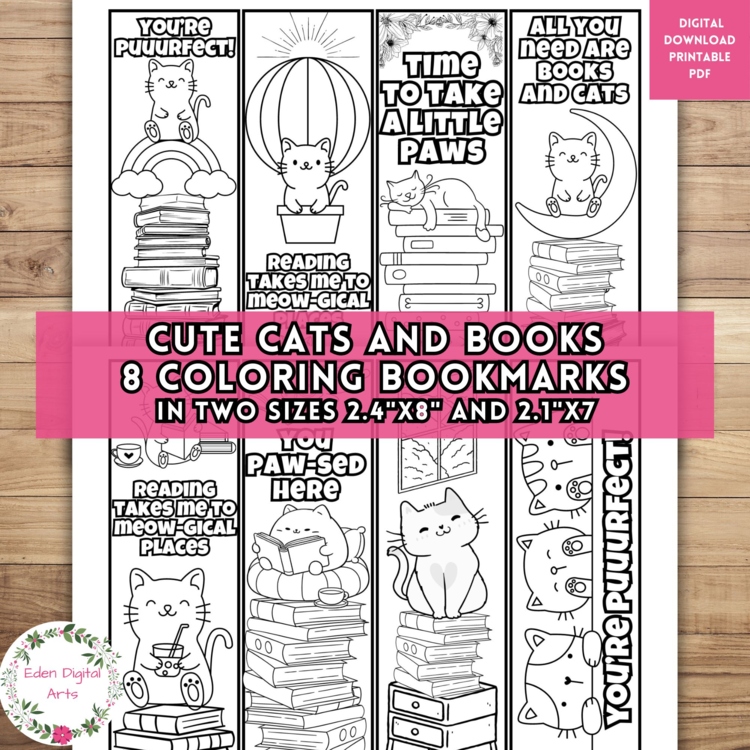 Cute Cats and Books Pun Bookmarks to Color Calm Craft DIY Teacher Student Gift