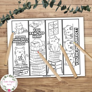 Cute Cats and Books Pun Bookmarks to Color Calm Craft DIY Teacher Student Gift, image 2