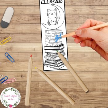 Cute Cats and Books Pun Bookmarks to Color Calm Craft DIY Teacher Student Gift, image 3