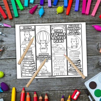 Cute Cats and Books Pun Bookmarks to Color Calm Craft DIY Teacher Student Gift, image 4