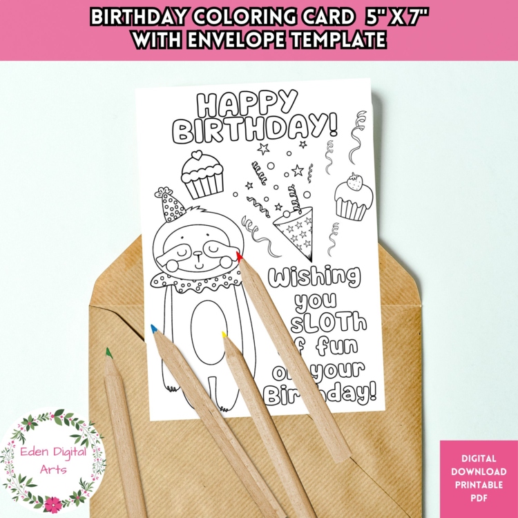 Cute Print and Color Sloth Birthday Card Pun Funny DIY Craft Envelope Template