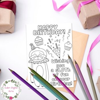 Cute Print and Color Sloth Birthday Card Pun Funny DIY Craft Envelope Template, image 2