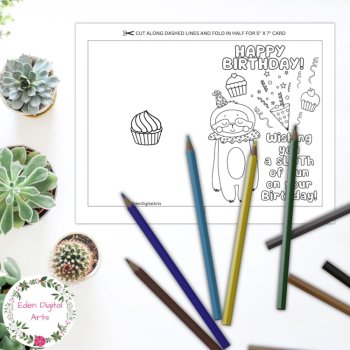 Cute Print and Color Sloth Birthday Card Pun Funny DIY Craft Envelope Template, image 3