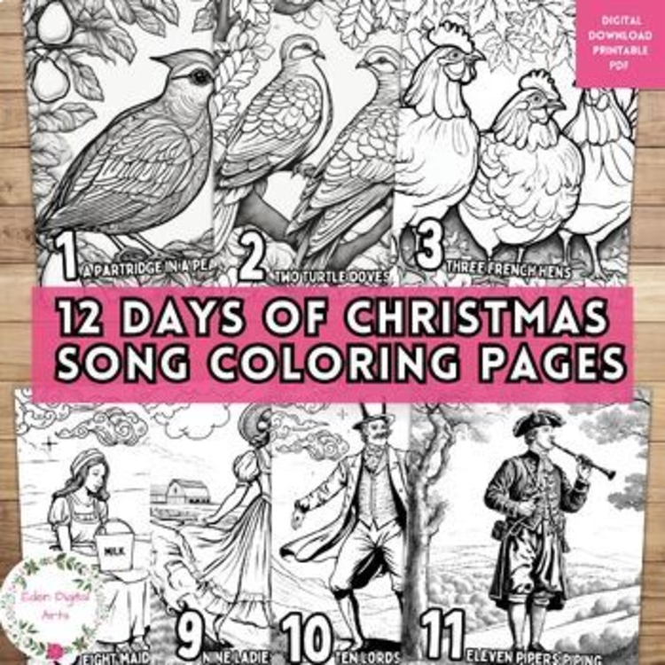 12 Days of Christmas Song Countdown Coloring Pages Posters Winter Teen Craft