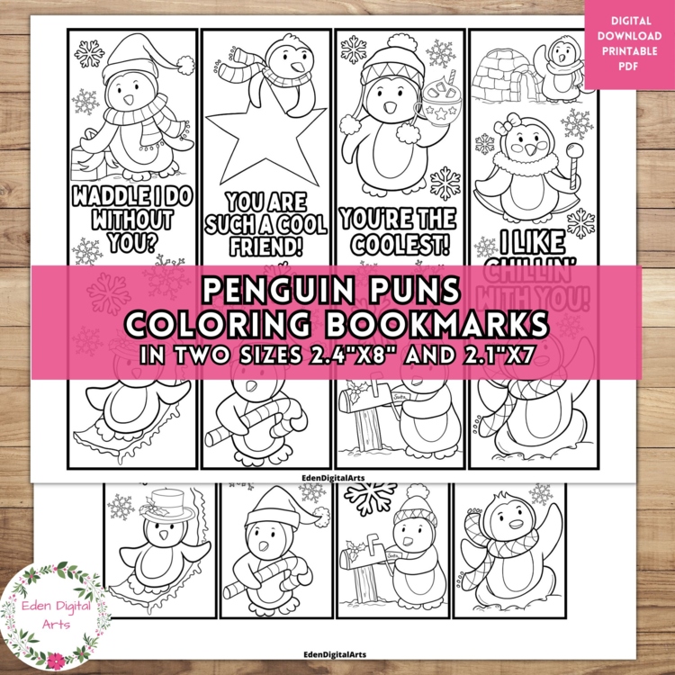 Cute Penguins Pun Bookmarks to Color Kindness Kind Winter Craft Christmas Gifts