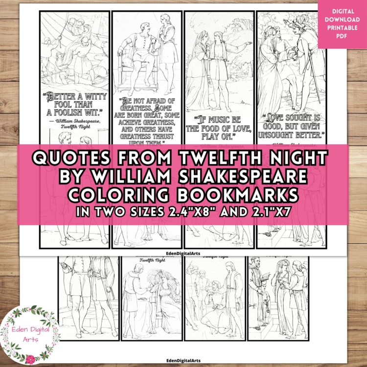 Shakespeare Twelfth Night Play Quotes Coloring Bookmarks Keepsake Gift Fun Craft