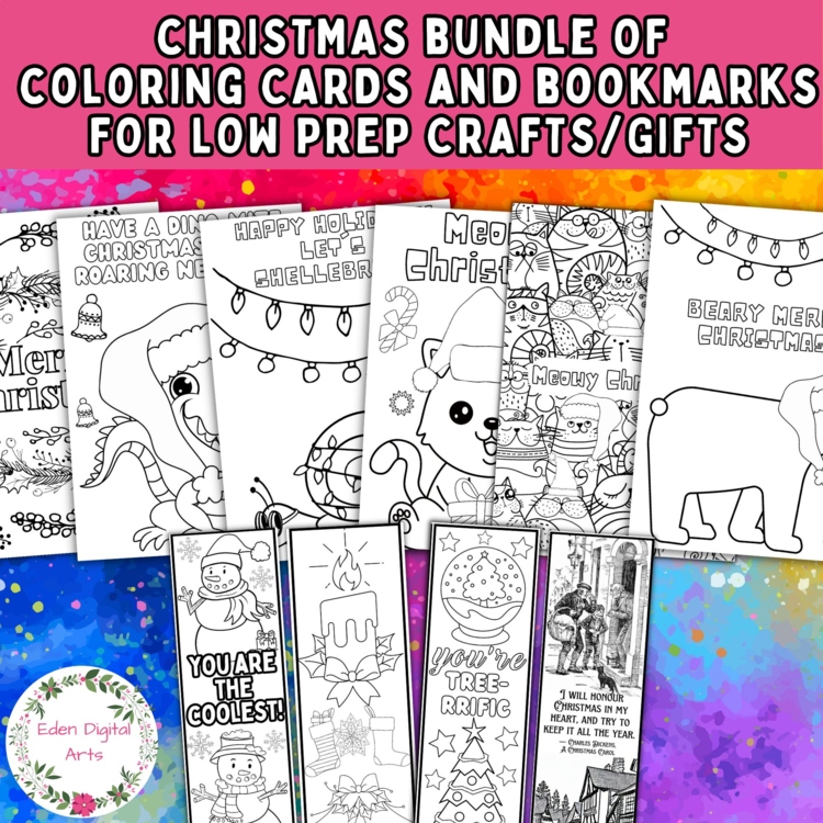 Christmas Holiday Coloring Bundle of Cards & Bookmarks for Low Prep Crafts Gifts