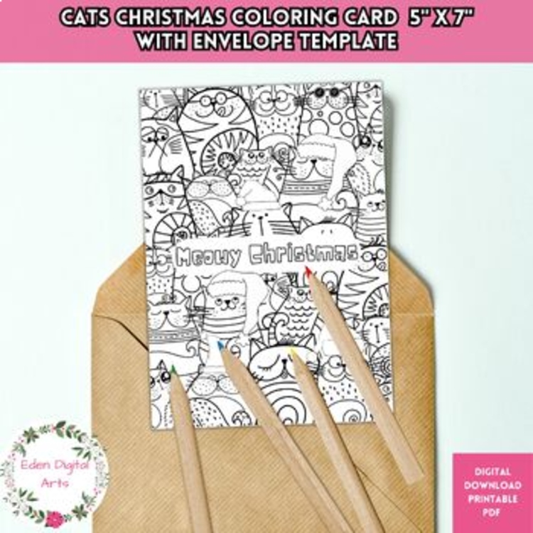 Christmas Card to Color Funny Cats Pun Print & Go DIY Craft Doodle Coloring Gift
