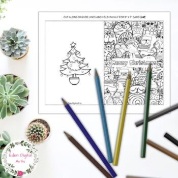 Christmas Card to Color Funny Cats Pun Print & Go DIY Craft Doodle Coloring Gift, image 2
