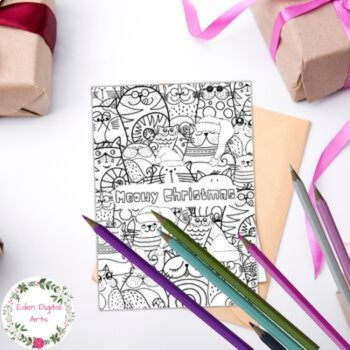 Christmas Card to Color Funny Cats Pun Print & Go DIY Craft Doodle Coloring Gift, image 3