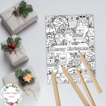 Christmas Card to Color Funny Cats Pun Print & Go DIY Craft Doodle Coloring Gift, image 4