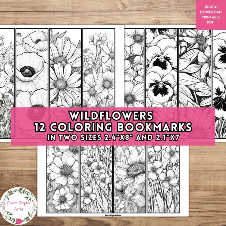 Bookmarks to Color Garden Wild Flowers Anti Stress Calm Craft DIY Teacher Gift
