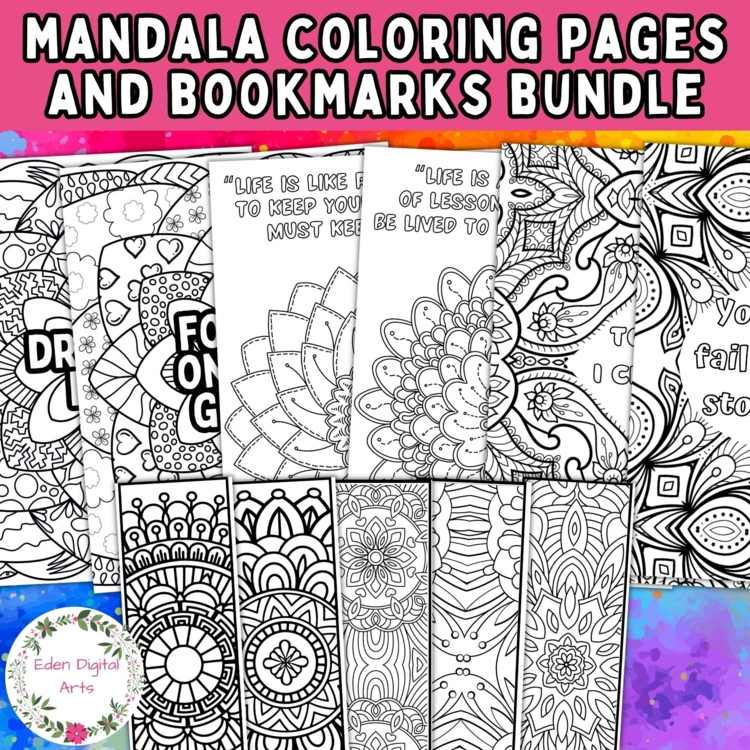 Mindful Mandala Bundle of Coloring Pages Posters Bookmarks Calming Crafts