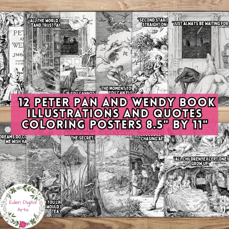 Peter Pan & Wendy in Neverland Barrie Quotes Book Illustrations Coloring Posters