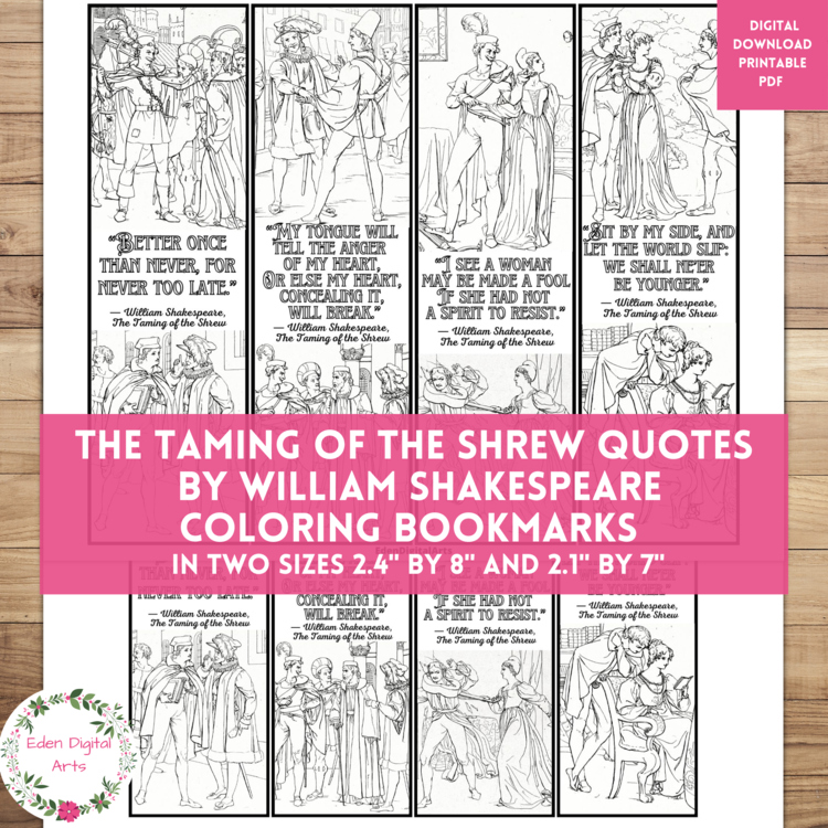 Shakespeare Taming of the Shrew Quotes Coloring Bookmarks Keepsake Gift Craft