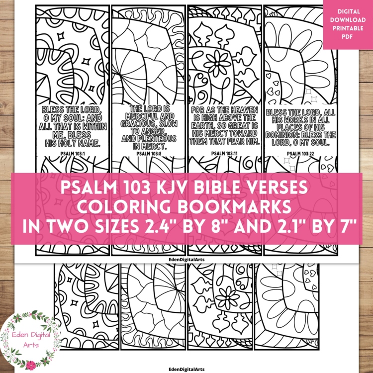 Psalm 103 Coloring Bible Verse Bookmarks, KJV Scripture Christian Craft Cards