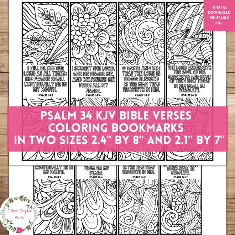Psalm 34 Coloring Bible Verse Bookmarks, KJV Scripture Christian Craft Cards