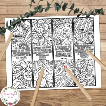 Psalm 34 Coloring Bible Verse Bookmarks, KJV Scripture Christian Craft Cards, image 3