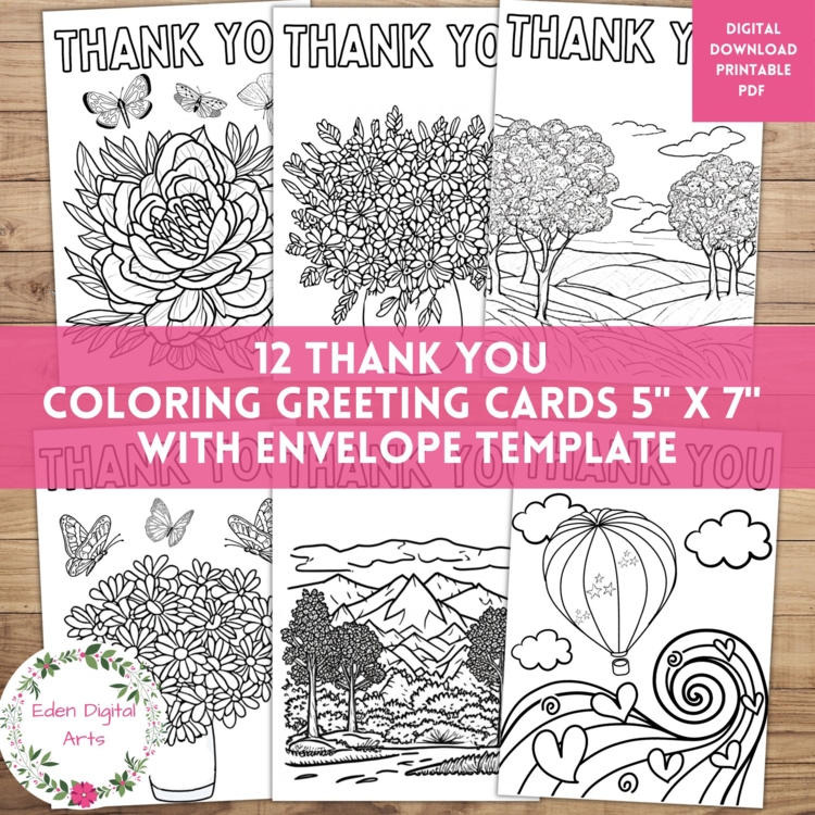 12 Teacher Appreciation Coloring Thank You Cards DIY Craft Any Occasion Flowers