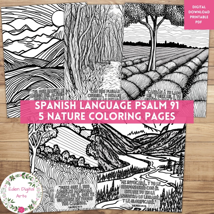 Spanish Language Psalm 91 Bible Verse Doodle Coloring Pages Nature Landscape