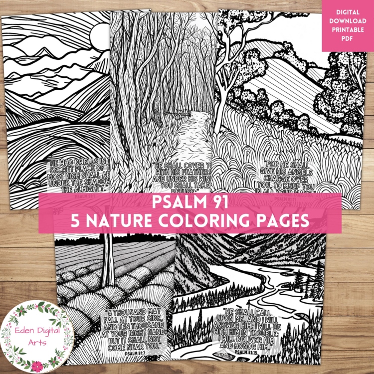 Psalm 91 Bible Verse Doodle Coloring Pages with Nature Landscape Mountains Trees