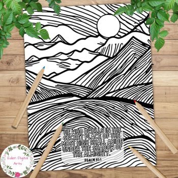 Psalm 91 Bible Verse Doodle Coloring Pages with Nature Landscape Mountains Trees, image 2