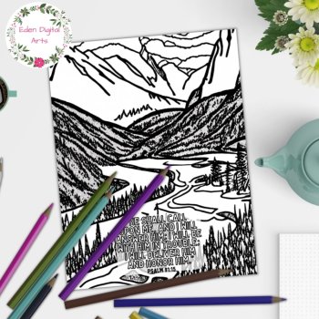 Psalm 91 Bible Verse Doodle Coloring Pages with Nature Landscape Mountains Trees, image 3