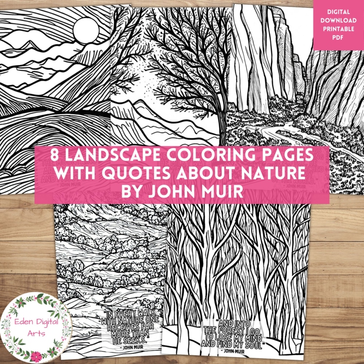 Nature Landscapes Mindful Doodle Coloring Pages with Quotes Mountains & Trees