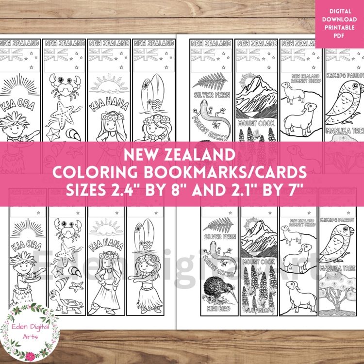 New Zealand Coloring Bookmarks Craft Cards, Maori Dancers and Nature Wildlife