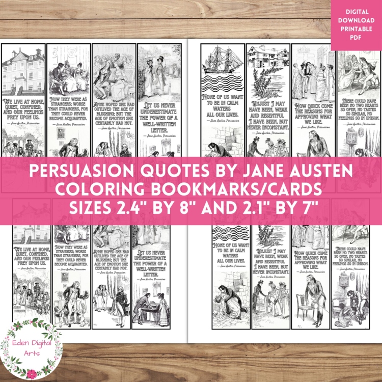 Persuasion Quotes by Jane Austen Coloring Bookmarks Book Club Cards Craft Gift