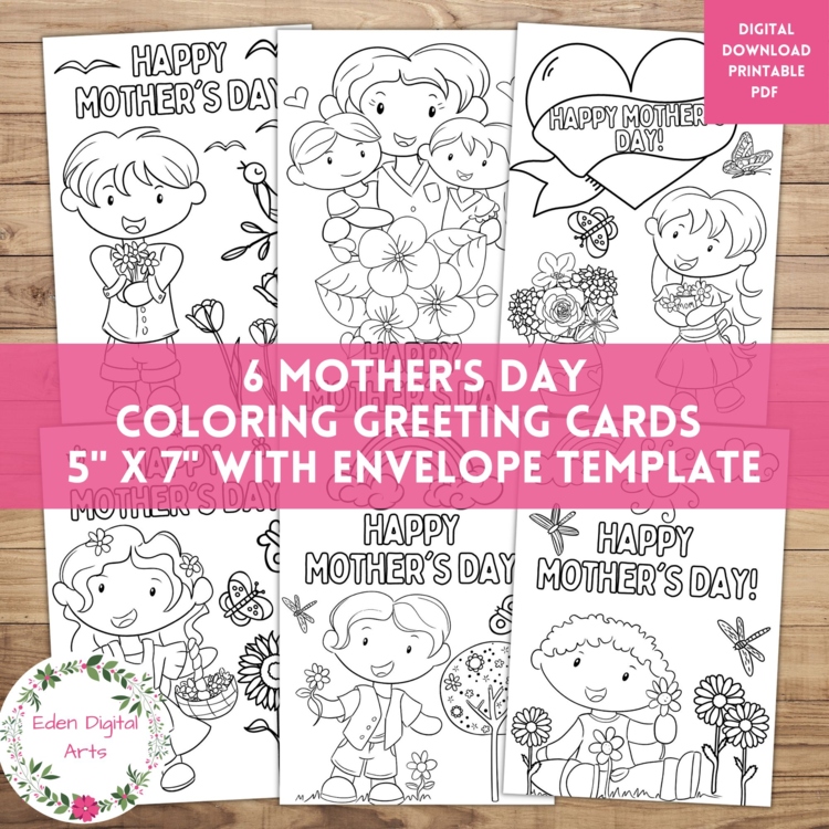 Cute Mother's Day Coloring Cards, Kawaii Boys Girls DIY Craft Floral Mom Gift