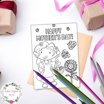 Cute Mother's Day Coloring Cards, Kawaii Boys Girls DIY Craft Floral Mom Gift, image 2