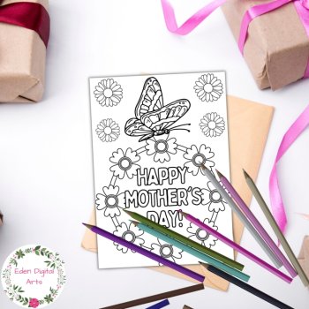 Happy Mother's Day Coloring Cards, Floral DIY Craft Flowers Butterflies, image 2