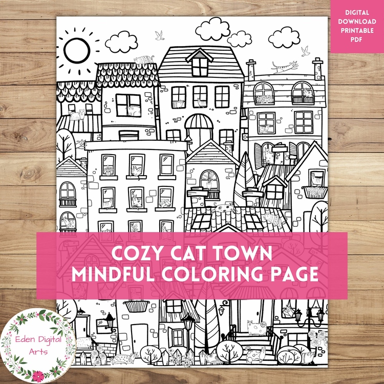 Cozy Cat Town Mindful Doodle Houses Coloring Page Relaxing Zen Calming Activity