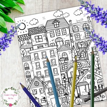 Cozy Cat Town Mindful Doodle Houses Coloring Page Relaxing Zen Calming Activity, image 2