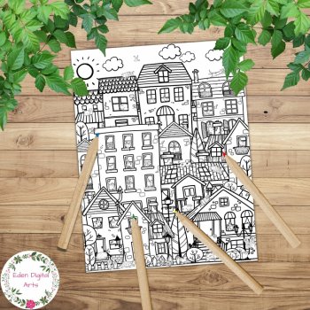 Cozy Cat Town Mindful Doodle Houses Coloring Page Relaxing Zen Calming Activity, image 3