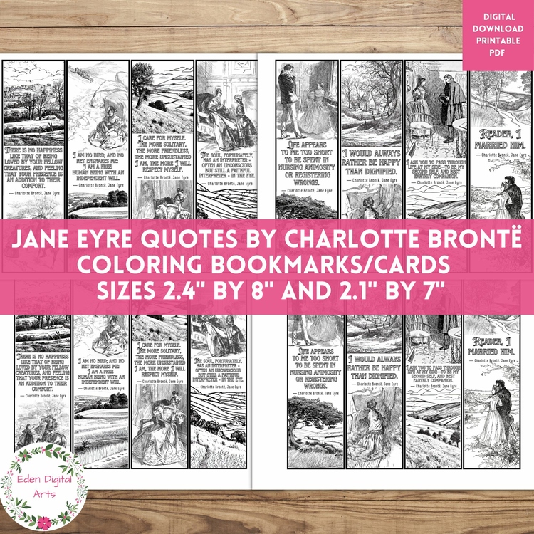 Jane Eyre Quotes by Charlotte Bronte Coloring Bookmarks Book Club Cards Craft