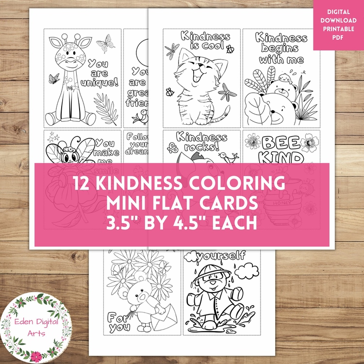 Acts of Kindness Coloring Mini Cards DIY Craft Cute Animals Kind Positive Quotes