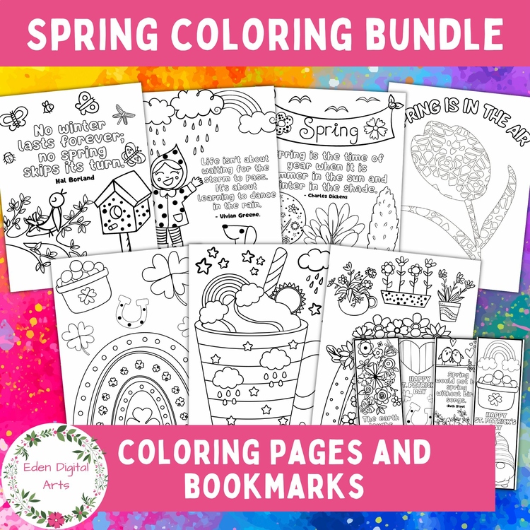 Spring Bundle Coloring Pages and Bookmarks Flowers Rain Rainbows Quotes Posters